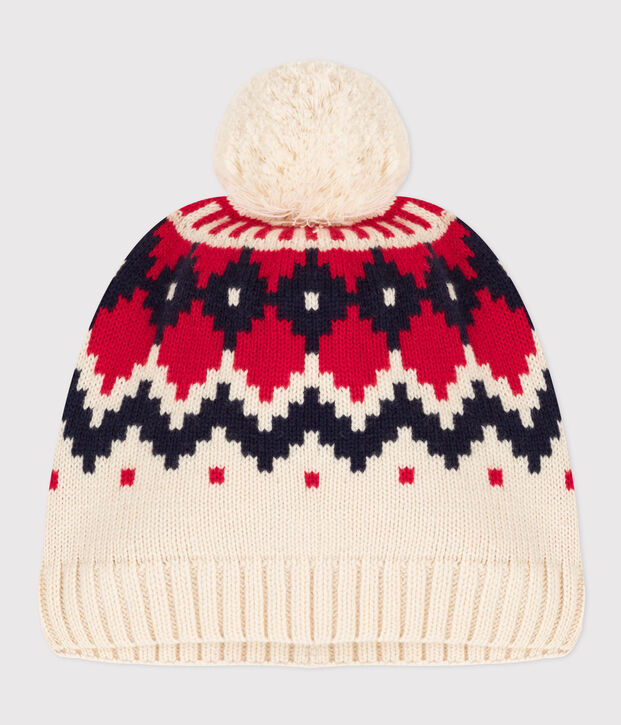 Bonnet jacquard en laine enfant gar&ccedil;on-fille &eacute;cru/multicouleur