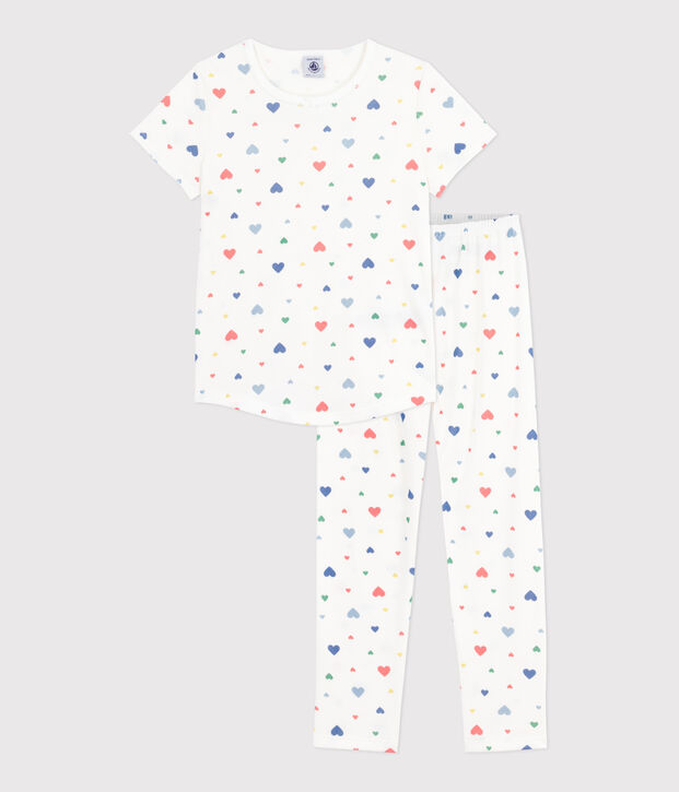 Pyjama enfant en coton manches courtes et jambes longues imprim&eacute; blanc/multicouleur