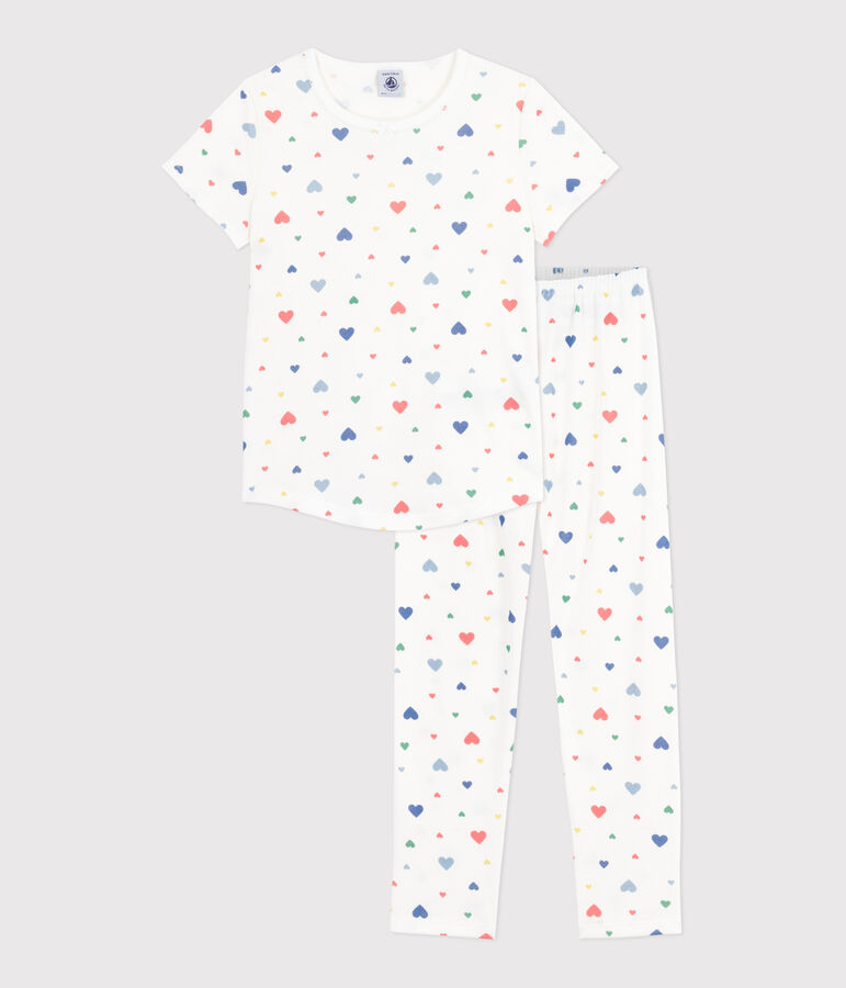 Pyjama enfant en coton manches courtes et jambes longues imprim&eacute; blanc MARSHMALLOW/blanc MULTICO