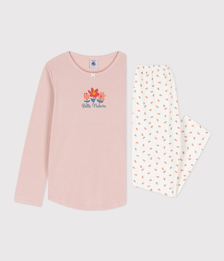 Pyjama petite fille en coton rose SALINE/blanc MULTICO