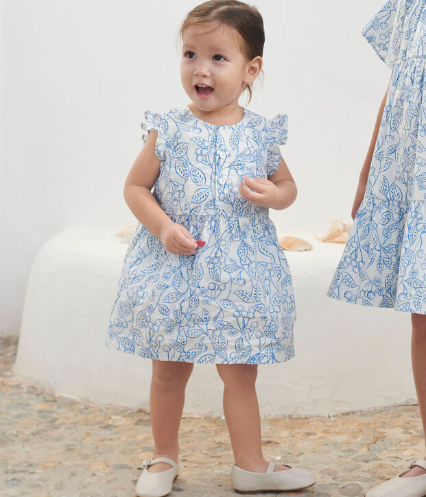 Robe b&eacute;b&eacute; en coton et son bloomer, imprim&eacute;s cerises bleues bleu/bleu