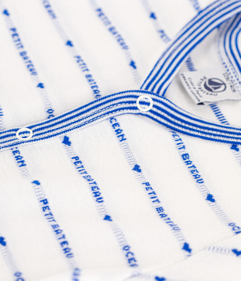 Combinaison courte jacquard en coton b&eacute;b&eacute; blanc MARSHMALLOW/bleu PERSE