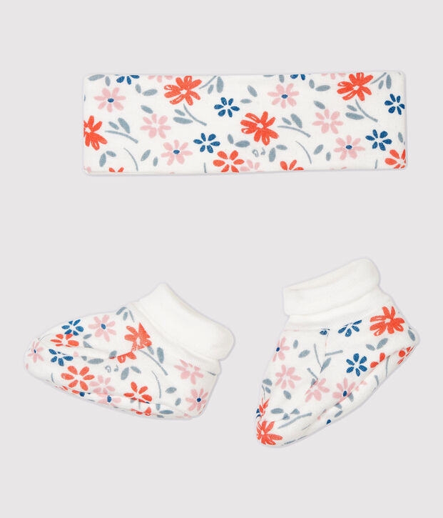 Lot bandeau et chaussons fleuri b&eacute;b&eacute; fille en coton biologique multicouleur