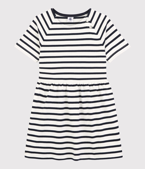 Robe manches courtes en coton enfant fille blanc MARSHMALLOW/bleu SMOKING