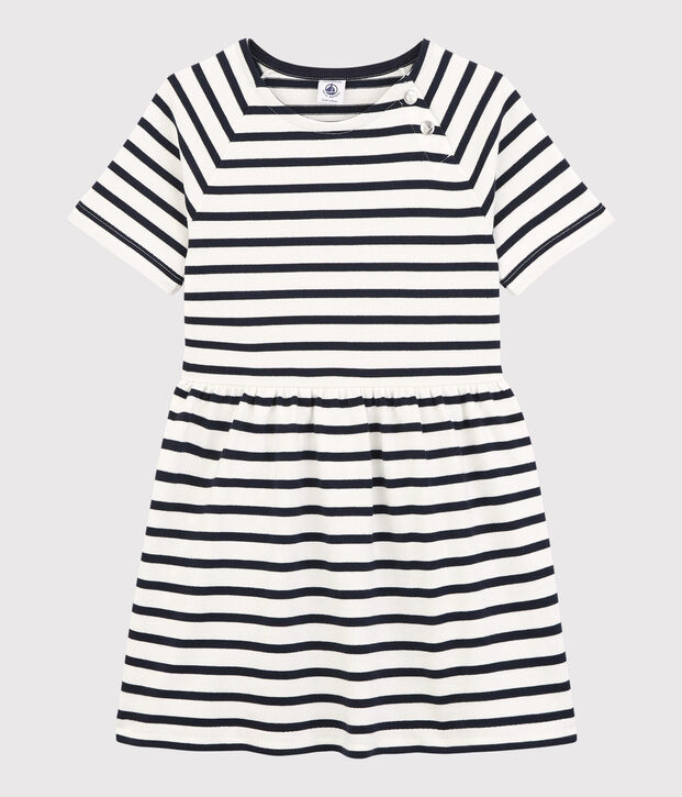 Robe manches courtes en coton enfant fille blanc/bleu