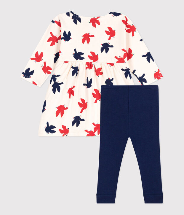 Robe b&eacute;b&eacute; en coton manches longues et legging, imprim&eacute;e oiseaux &eacute;cru/multicouleur