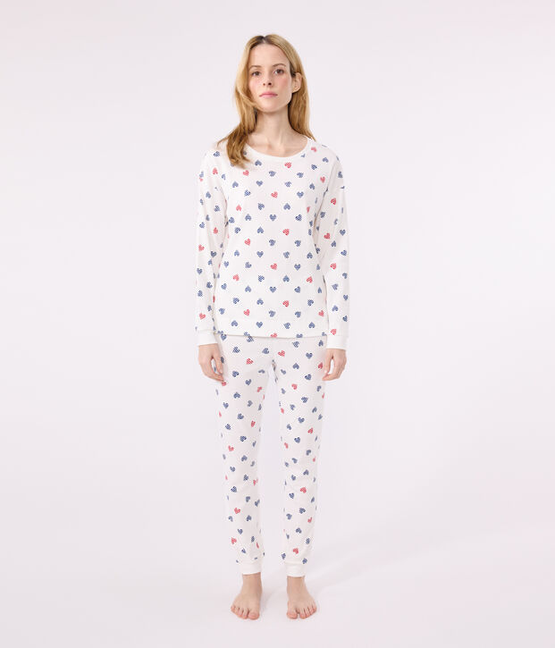 Pyjama femme en coton imprim&eacute; c&oelig;urs blanc/multicouleur
