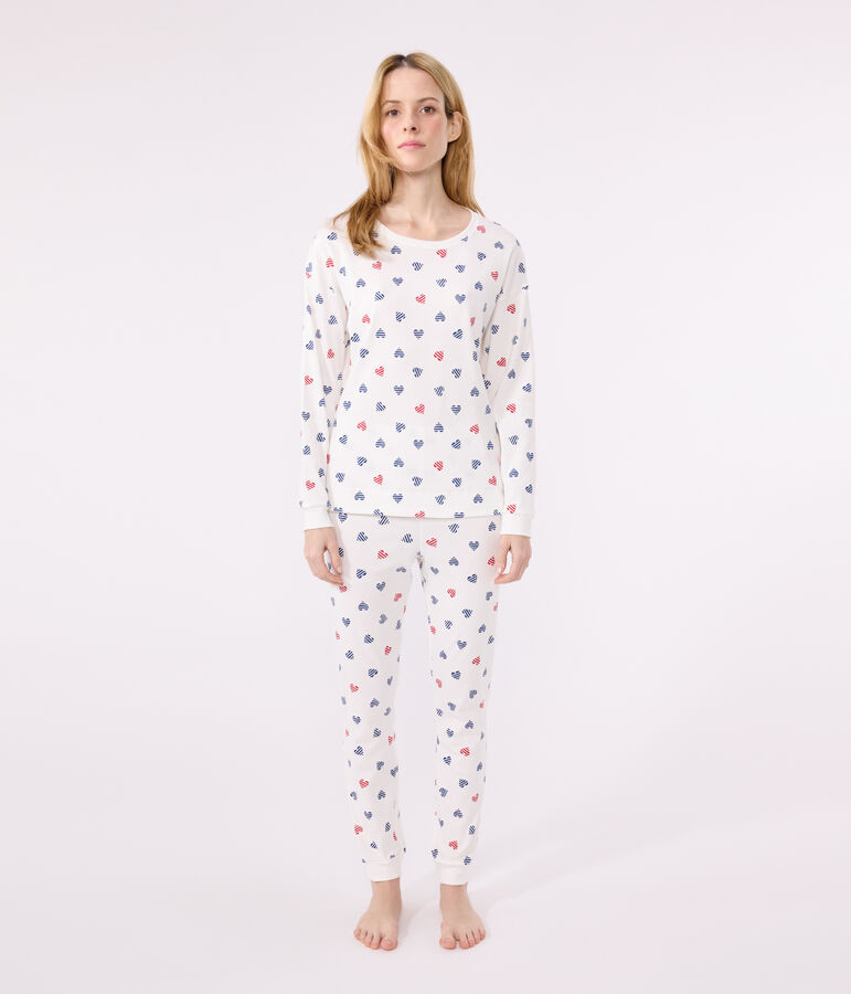 Pyjama femme en coton imprim&eacute; c&oelig;urs blanc MARSHMALLOW/blanc MULTICO
