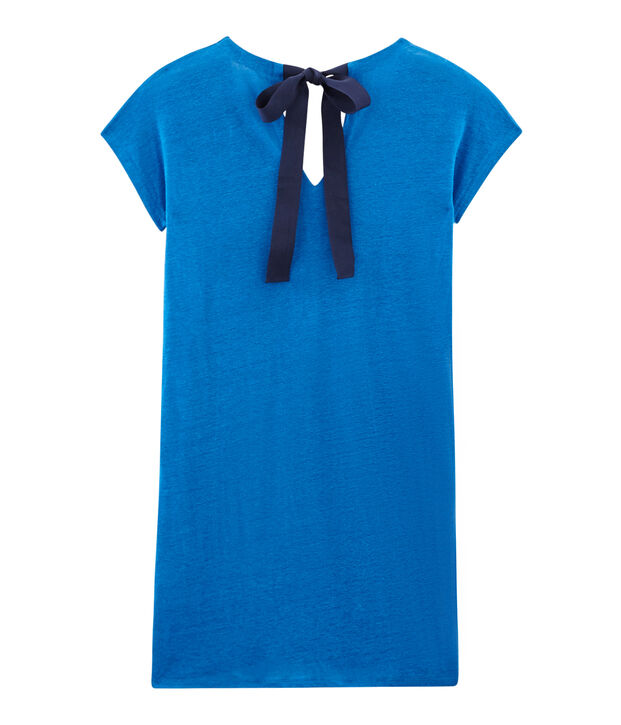Robe manches courtes femme en lin bleu