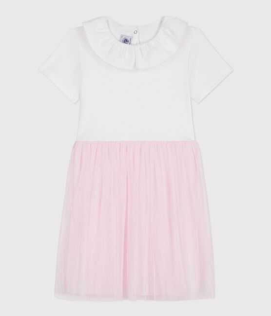 Robe enfant manches courtes en coton et tulle à motif cœurs rose ECUME/ BARELY