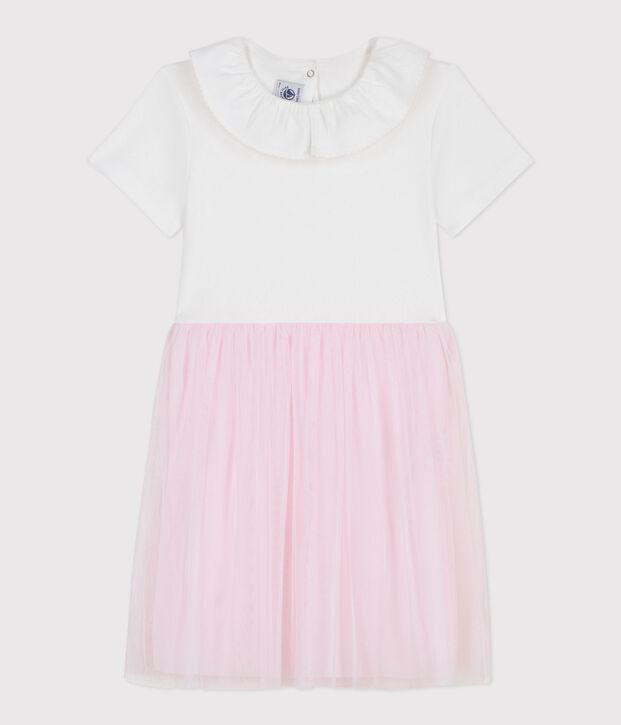 Robe enfant manches courtes en coton et tulle &agrave; motif c&oelig;urs rose/rose