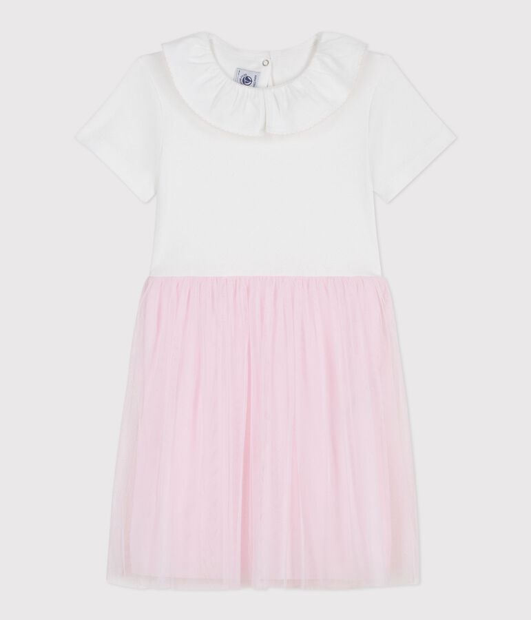 Robe enfant manches courtes en coton et tulle &agrave; motif c&oelig;urs rose ECUME/ BARELY
