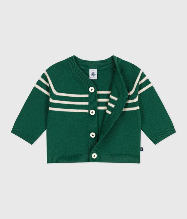 Cardigan b&eacute;b&eacute; en tricot laine et coton ray&eacute; vert/&eacute;cru