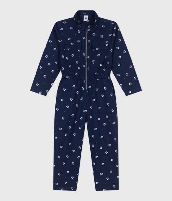 Combinaison enfant en coton manches longues fleurie bleu MEDIEVAL/blanc MARSHMALLOW