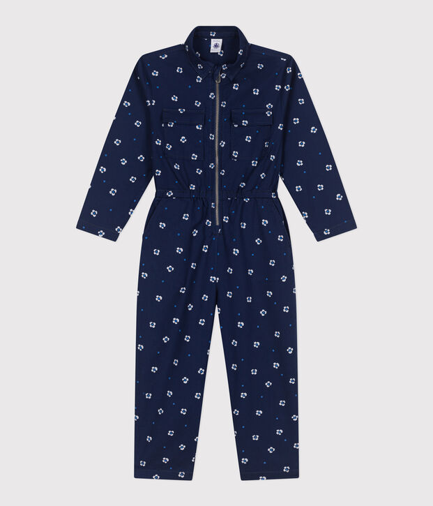 Combinaison enfant en coton manches longues fleurie bleu/blanc