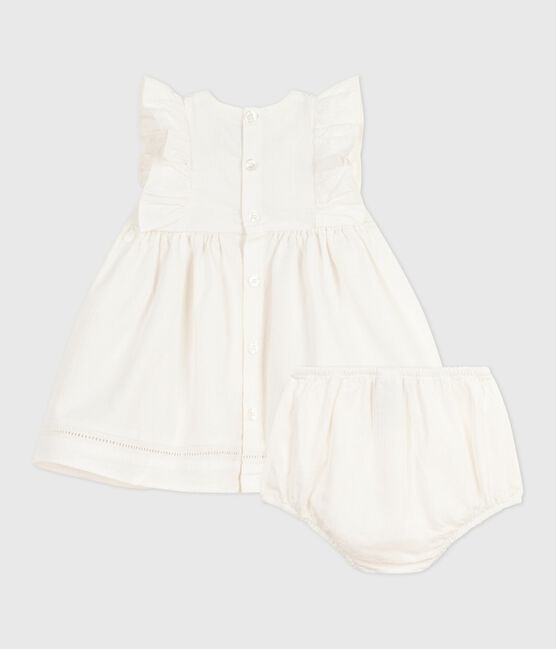 Robe bébé en coton sans manche unie et brodée avec son bloomer blanc ECUME