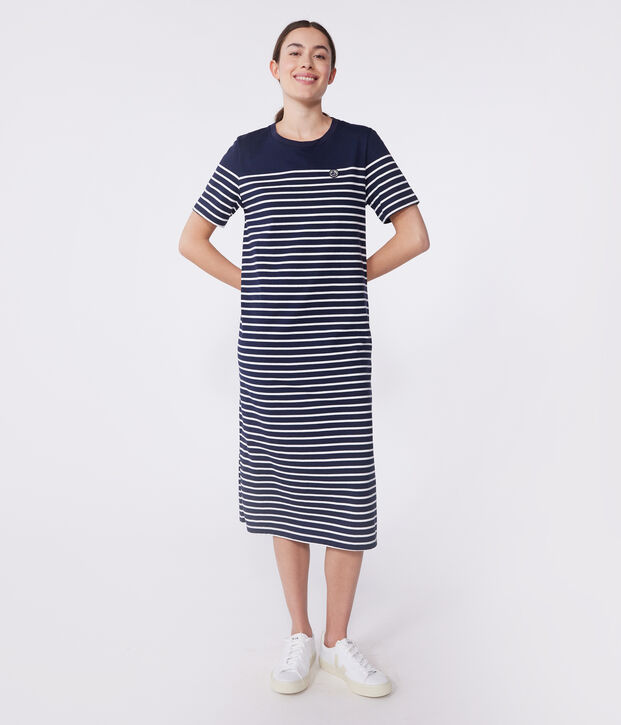 Robe longue femme en coton &agrave; rayures bleu/blanc