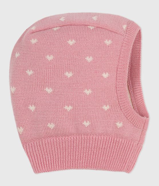 Cagoule bébé cœurs en laine et coton rose CHARME/blanc MARSHMALLOW