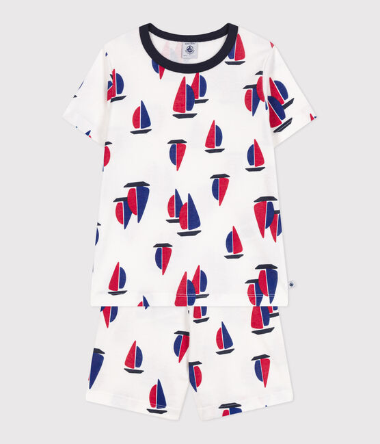 Pyjama short enfant en coton imprimé bateaux blanc MARSHMALLOW/blanc MULTICO