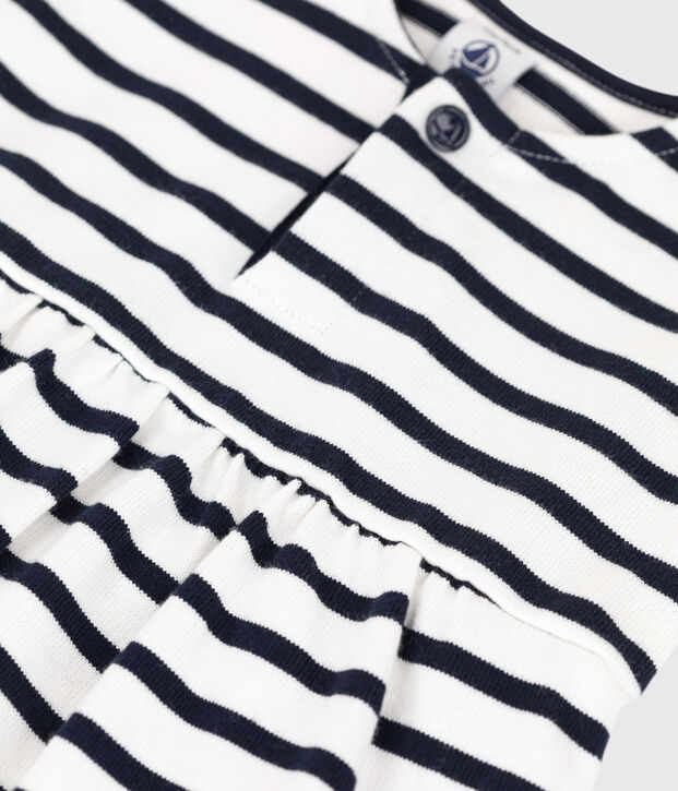 Robe manches courtes b&eacute;b&eacute; ray&eacute;e marini&egrave;re en jersey &eacute;pais blanc/bleu
