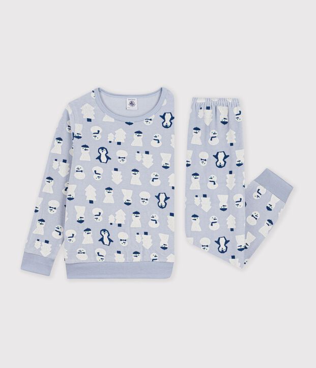 Pyjama enfant en velours imprim&eacute; bonhommes de neige bleu/multicouleur