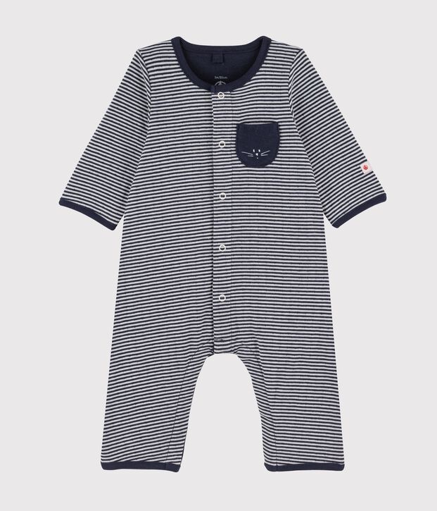 Combinaison longue b&eacute;b&eacute; en tubique ray&eacute; bleu/blanc