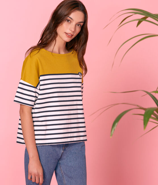 Marinière manches courtes femme jaune BAMBOO/blanc MARSHMALLOW/ SMOKING