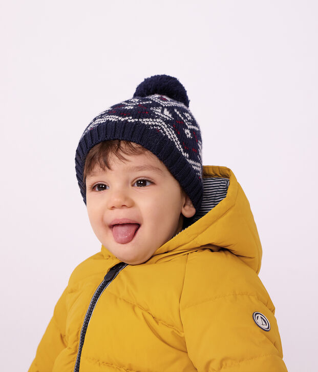 Bonnet b&eacute;b&eacute; jacquard en laine et coton doubl&eacute; polaire bleu/&eacute;cru/rouge