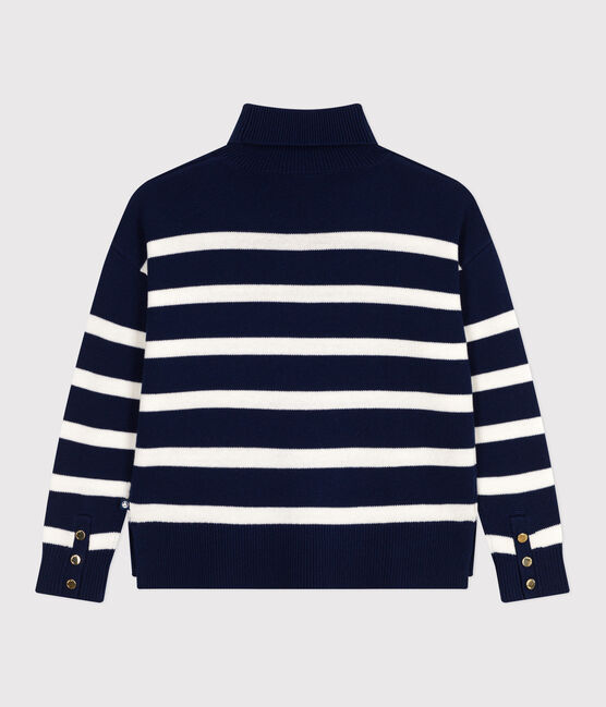 Pull col montant femme en laine et coton à rayures bleu SOIR/ MARSHMALLOW