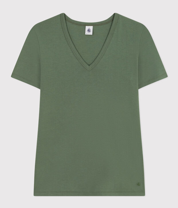 Tee-shirt l'Iconique col V en coton uni femme vert