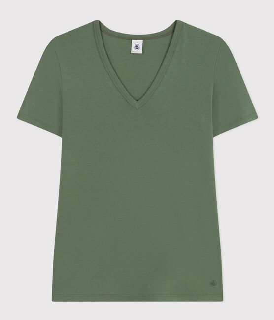Tee-shirt l'Iconique col V en coton uni femme vert CROCO