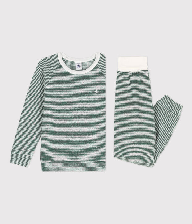Pyjama milleraies en coton en &eacute;ponge enfant vert/blanc