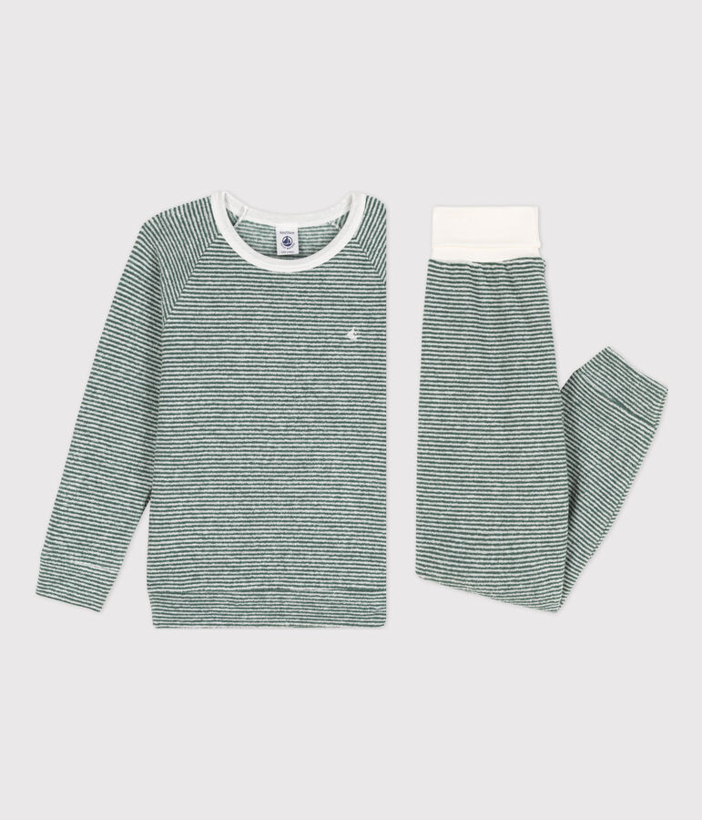 Pyjama milleraies en coton en &eacute;ponge enfant vert VALLEE/blanc MARSHMALLOW