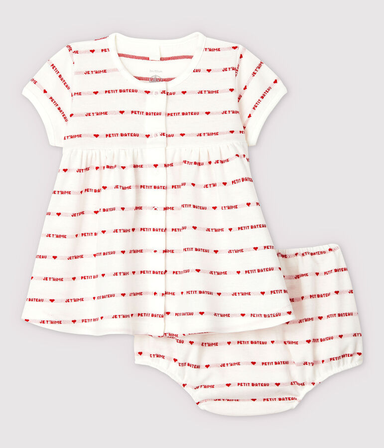 Robe manches courtes avec bloomer b&eacute;b&eacute; fille en jacquard en coton biologique blanc MARSHMALLOW/rouge TERKUIT