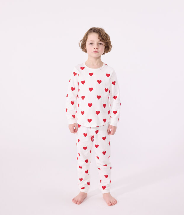Pyjama fille imprim&eacute; c&oelig;urs en c&ocirc;te blanc/rouge
