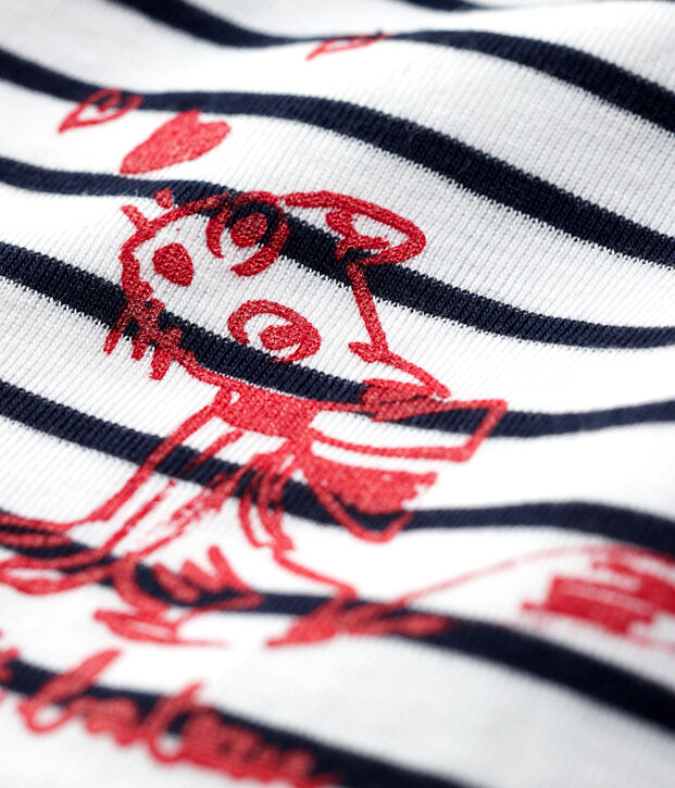 Blouse manches courtes en coton b&eacute;b&eacute; fille blanc/bleu