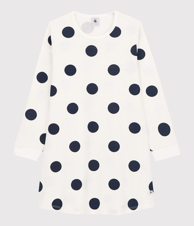 Chemise de nuit &agrave; pois petite fille en coton biologique blanc/bleu