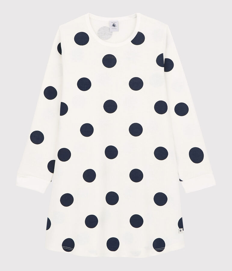 Chemise de nuit &agrave; pois petite fille en coton biologique blanc/bleu