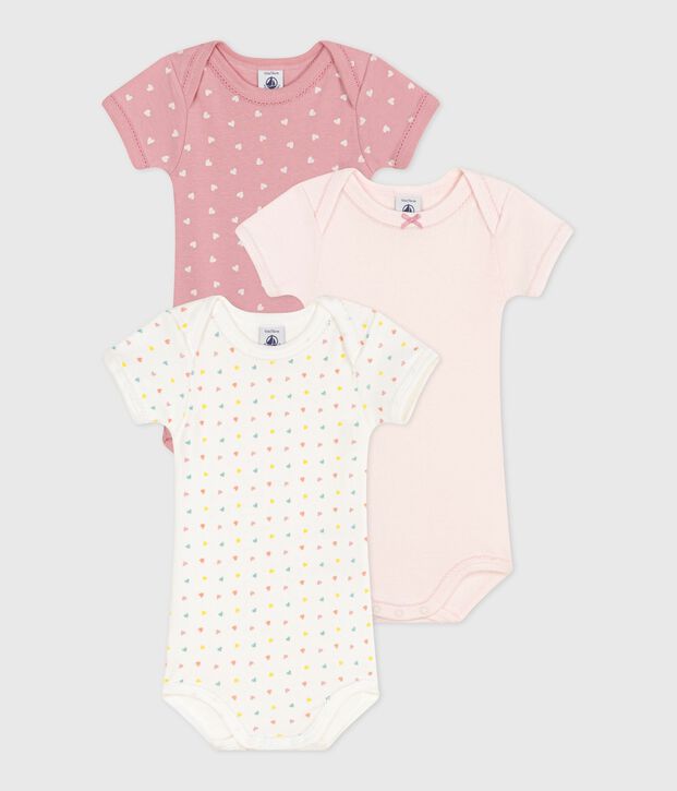 Lot de 3 bodies manches courtes en coton petits c&oelig;urs b&eacute;b&eacute; multicouleur
