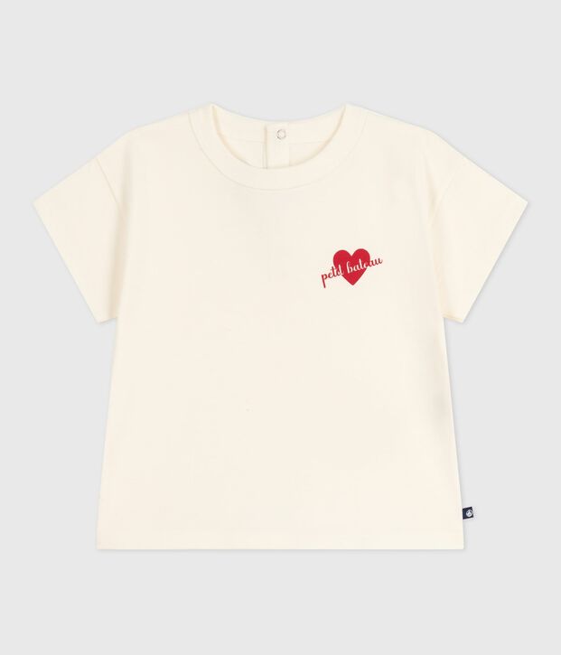 Tee-shirt b&eacute;b&eacute; en coton &agrave; manches longues, motif c&oelig;ur &eacute;cru
