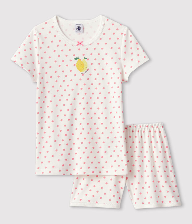 Pyjacourt &agrave; pois roses petite fille en coton blanc/rose