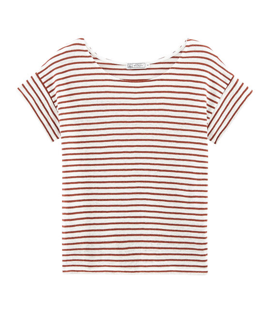 Tee-shirt manches courtes femme en lin blanc MARSHMALLOW/rose COPPER