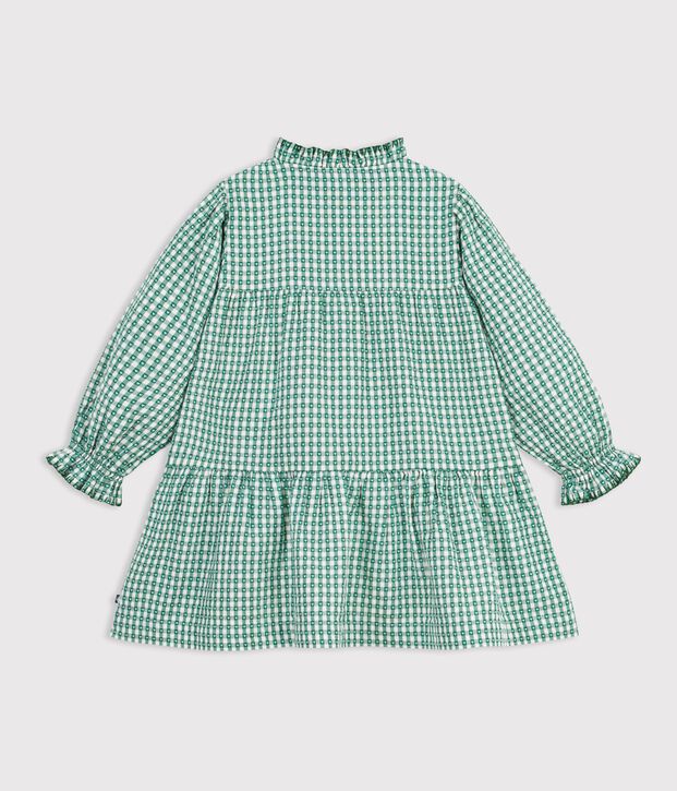 Robe enfant en popeline manches longues vichy vert/blanc