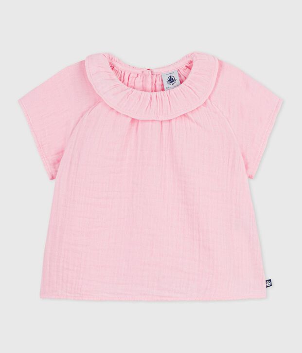 Blouse b&eacute;b&eacute; en coton manches longues unie rose clair