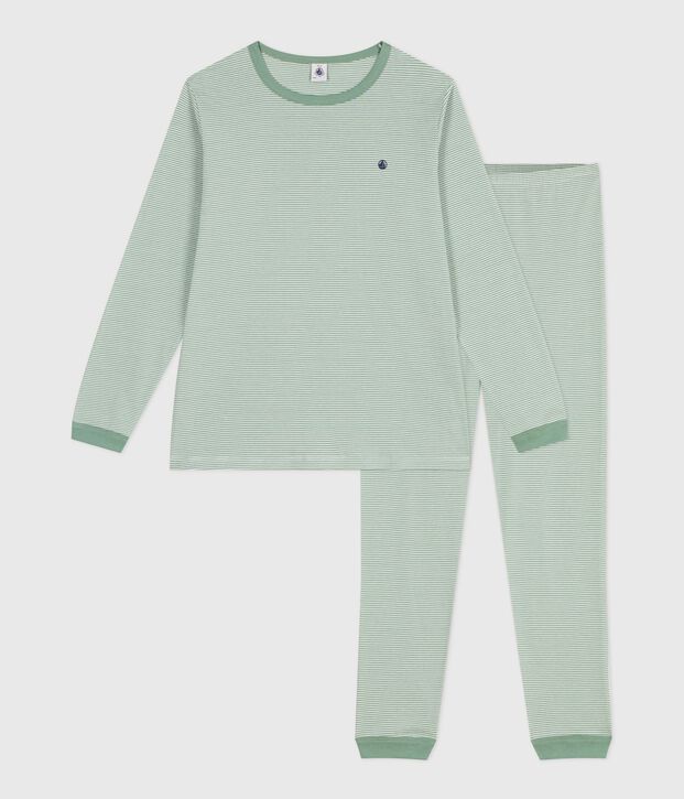 Pyjama enfant en coton &agrave; rayures vert/blanc