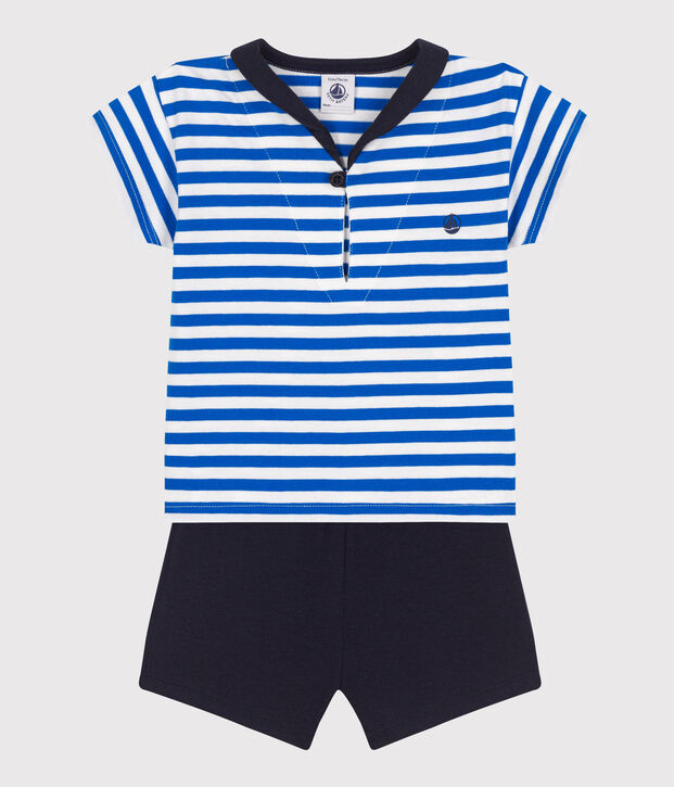 Ensemble b&eacute;b&eacute; deux pi&egrave;ces en coton, t-shirt col vareuse bleu/bleu