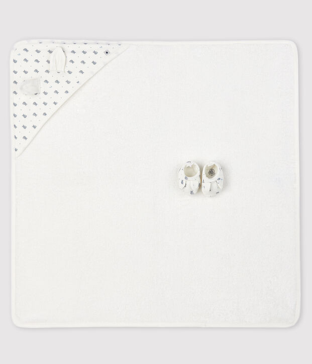 Coffret carr&eacute; de bain et chaussons b&eacute;b&eacute; en &eacute;ponge et coton biologique blanc/gris/multicouleur