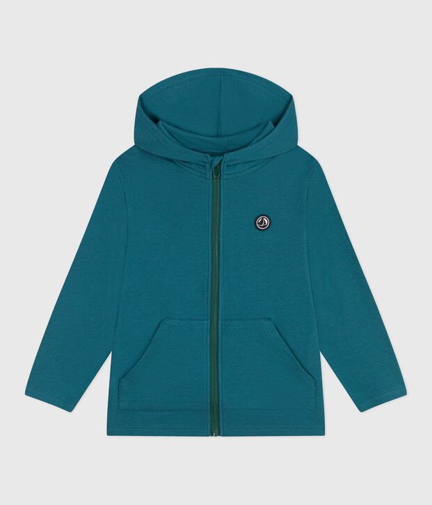 Sweatshirt zipp&eacute; &agrave; capuche enfant en coton uni vert