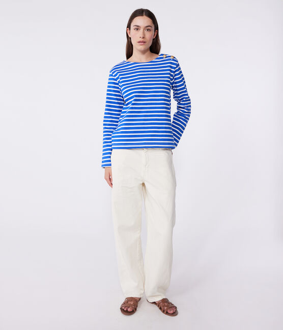 Marinière femme en coton manches longues bleu PERSE/blanc MARSHMALLOW