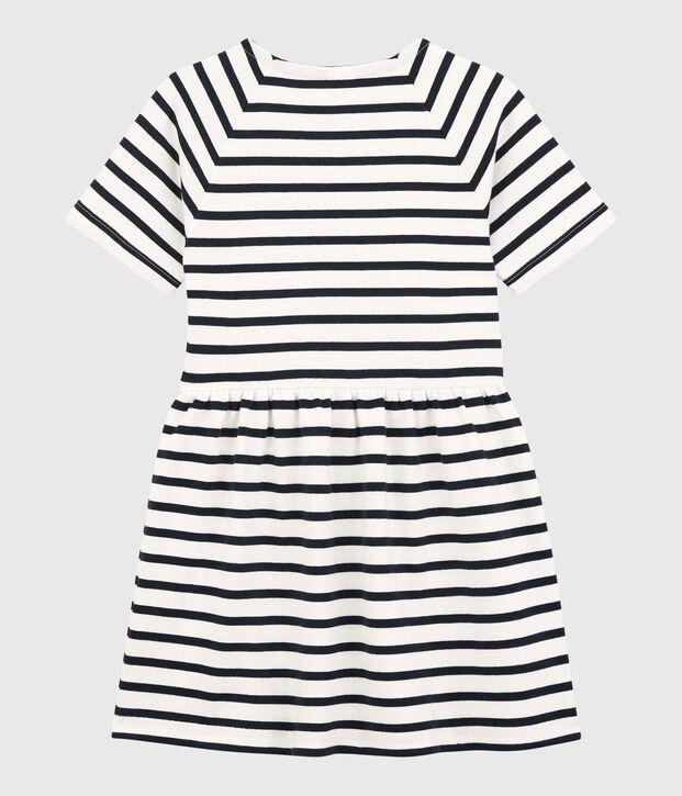 Robe manches courtes en coton enfant fille blanc/bleu